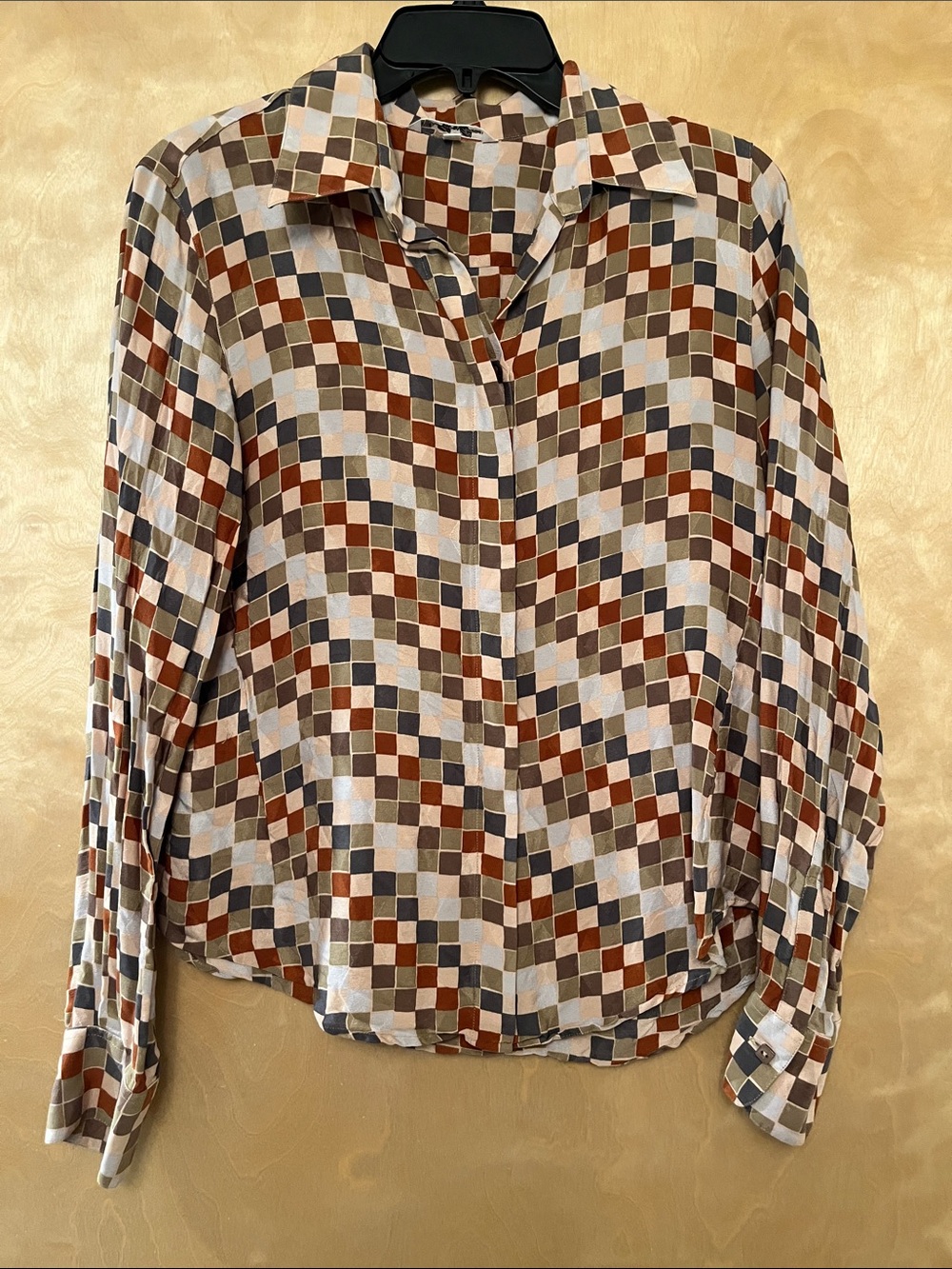 100% silk Italian Loro Piana Brown Multi-Check Silk Button-Down Shirt
